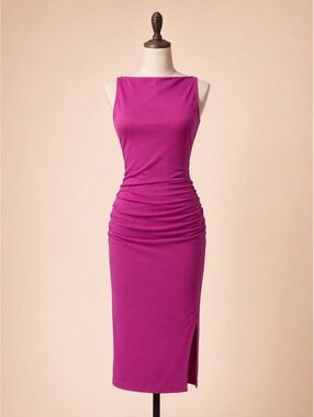 Michael Stars Wren Ruched Midi Dress Small Magenta Pink Side Slit